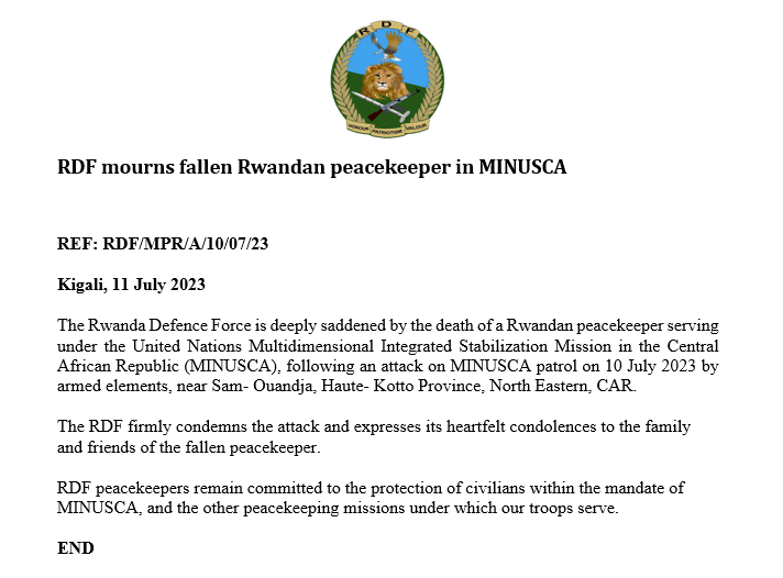 RwandaMoD's tweet photo. RDF mourns fallen Rwandan peacekeeper in MINUSCA. https://t.co/mgpGrtHrJE https://t.co/jGWgK8n55J