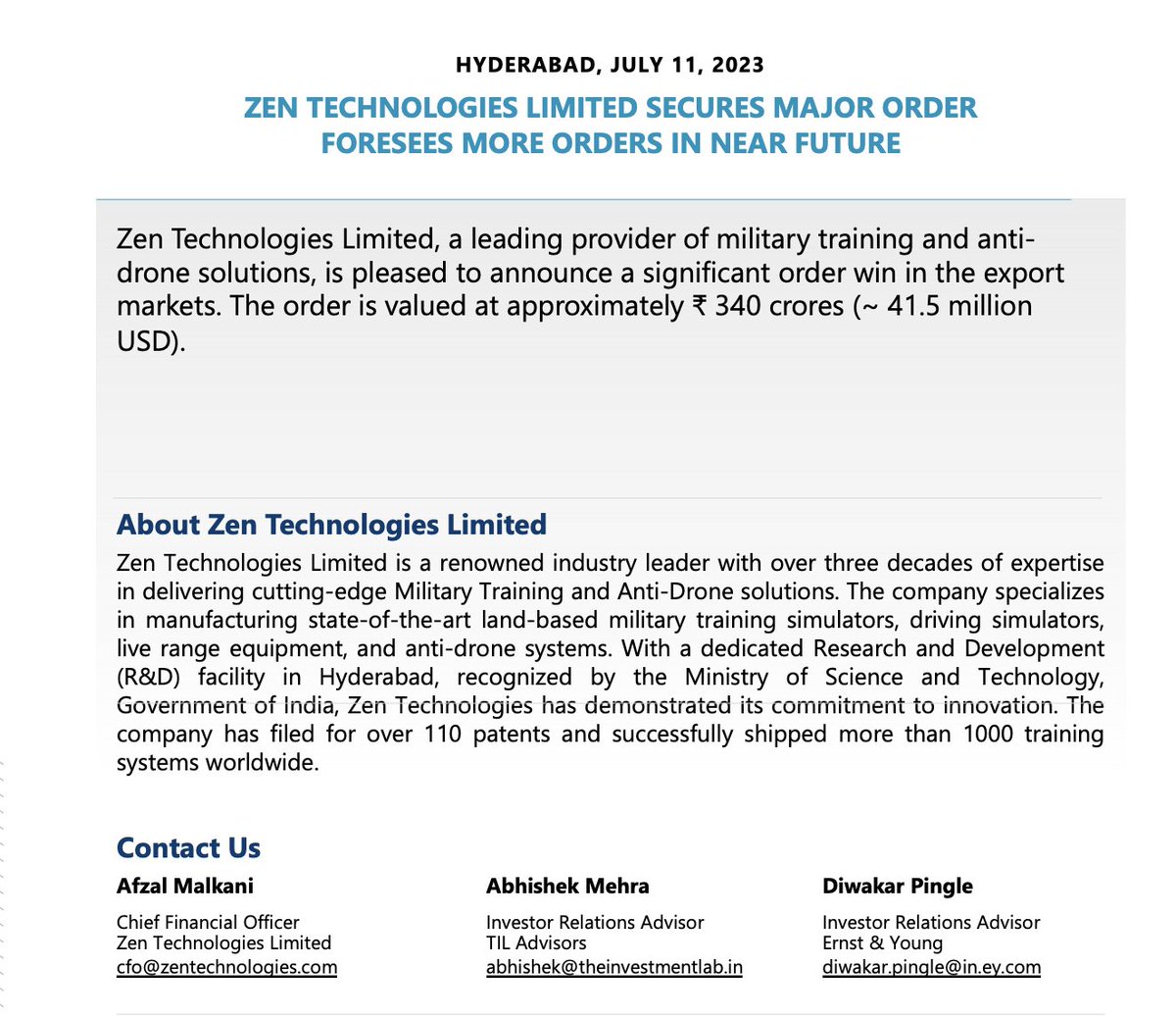 #ZenTechnologies secures significant order in export markets worth Rs.340 crs.