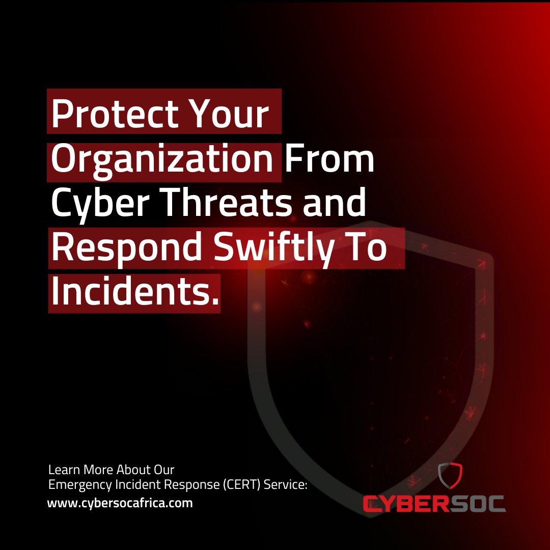 Cybersocafrica's tweet photo. Protecting your business starts with a robust #incidentresponse plan. At #CyberSOCAfrica, we offer cutting-edge solutions to help you swiftly respond to #cyberthreats.
Discover how we can help you stay secure - https://t.co/c3e3yvLnkR
#CyberSOC #ThinkCybersecurityThinkCyberSOC https://t.co/njqGjWdTRj