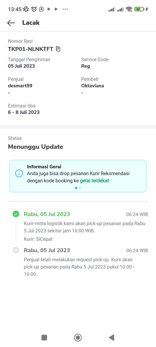 desmart99's tweet photo. Klik pickup @TokopediaCare tanggal 5 Juli 2023, tp sampai 11 Juli 2023 belum juga dipickup oleh kurir rekomendasi @sicepat_ekspres . Sudah komplen berkali2 via DM gak juga ada kurir yg pickup. Beginikah kualitas kurir yg direkomendasikan??? https://t.co/L0BW6xMCcl
