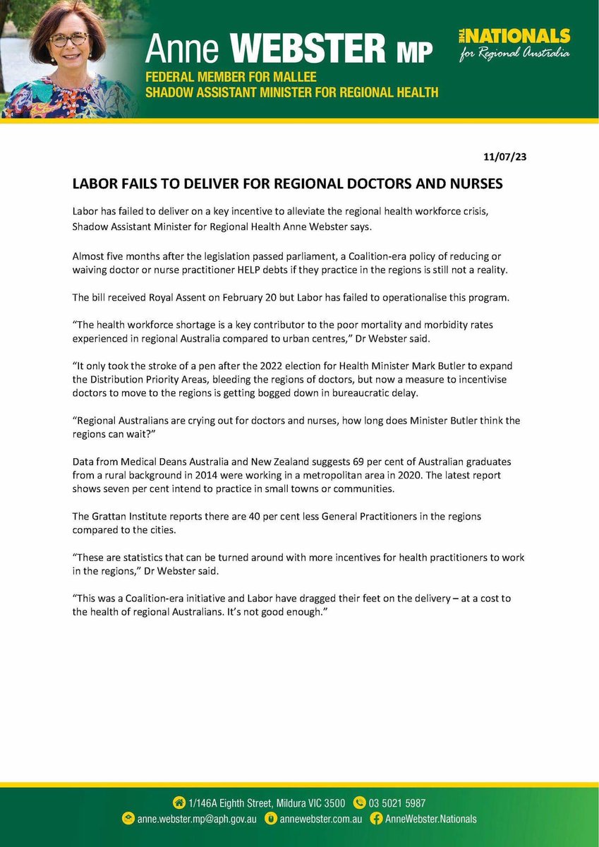 The regions are crying out for health professionals, but the Labor Government has delayed a key incentive to mitigate the crisis.

<a href="/NRHAlliance/">National Rural Health Alliance</a> <a href="/RACGP/">RACGP</a> <a href="/RuralDoctorsAus/">RDAA</a> <a href="/ACRRM/">ACRRM</a> 

annewebster.com.au/media/labor-fa…