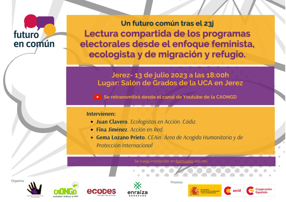 CAONGD's tweet image. 🗳️ Un futuro en común tras el 23J: lectura compartida de los programas electorales desde el enfoque feminista, ecologista y de migración y refugio

🗣️ @ecologistas @nrdandalucia @ceainjerez

📆 13 julio, 18-20h

📌 Salón de grados @univcadiz en Jerez

💻 youtube.com/@CAONGD/streams