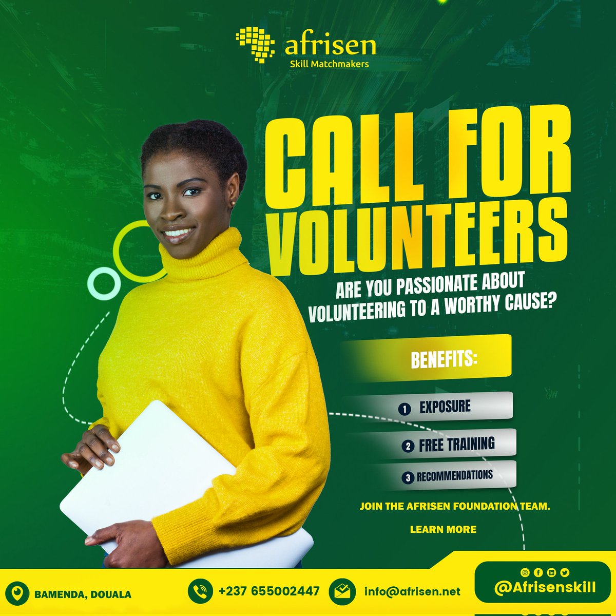 Afrisen_skill's tweet photo. 𝗖𝗔𝗟𝗟 𝗙𝗢𝗥 𝗩𝗢𝗟𝗨𝗡𝗧𝗘𝗘𝗥𝗦

We, at #Afrisen Foundation are #passionate about transforming #Africa through career orientation, skill acquisition and mentorship. 

Want to join a worthy cause, apply now.
https://t.co/lCp7x7f05h

𝙏𝙤𝙬𝙣𝙨: Bamenda, Douala https://t.co/nLJO0vK5b3