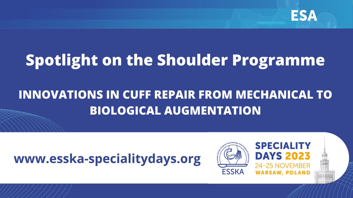 ESSKA_society's tweet image. Spotlight on the Shoulder programme! 

The European Shoulder Associates’ #ESSKASD2023 Programme will focus on innovation in cuff repair.

Find out more loom.ly/hmVwDPE and register now loom.ly/fko5xLc

#sportstraumatology #Arthroscopy #shoulder #surgery