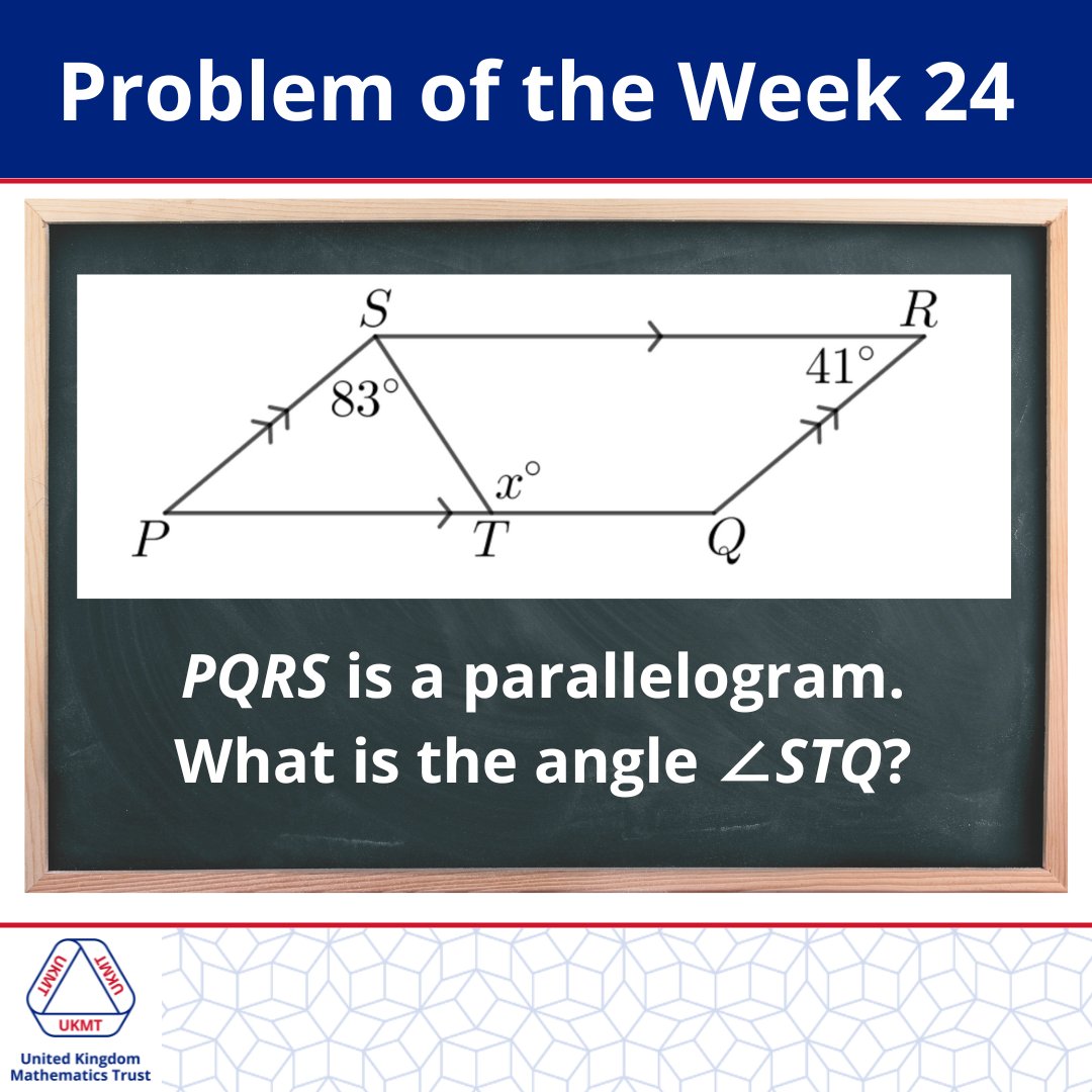 UKMathsTrust's tweet photo. Problem of the Week 24! 

Please do not comment the solution so other people can work it out too. Instead, like this post if you think you have the correct answer!

The solution will be posted in the comments on Thursday at 4pm.

Happy solving!

#UKMT #ProblemOfTheWeek #Maths https://t.co/cl5Hc8drp7