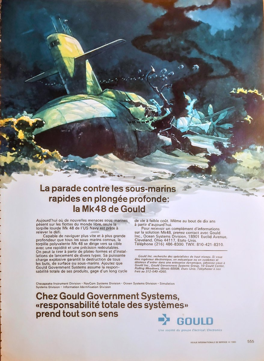 #SubTuesday #Submarines #Art @USNavy @underseaNavy 
From my collection: 1980s French advertisement for Gould's USN Mk48 heavyweight torpedo with a disabled Soviet Navy's Project 667A Navaga/Yankee I-class SSBN.

@800Tonnes @FauteuilColbert @justapedn_cob @xaviervav @subman719