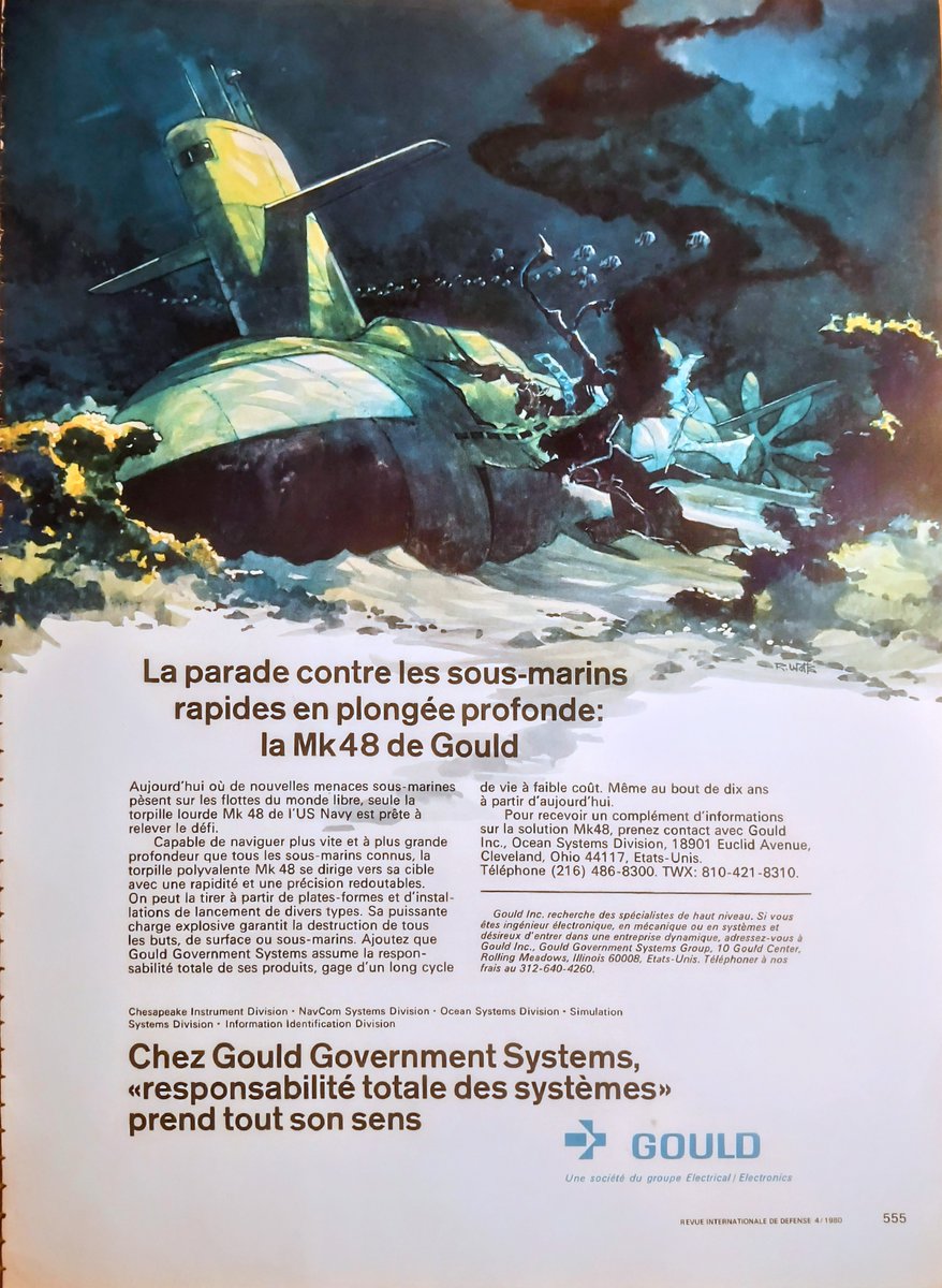 #SubTuesday #Submarines #Art @USNavy @underseaNavy From my collection: 1980s French advertisement for Gould's USN Mk48 heavyweight torpedo with a disabled Soviet Navy's Project 667A Navaga/Yankee I-class SSBN. @800Tonnes @FauteuilColbert @justapedn_cob @xaviervav @subman719