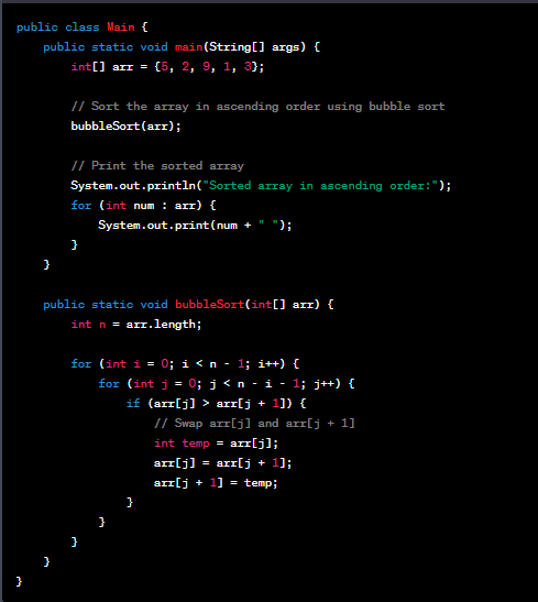 ReyedgeM's tweet image. Just sorted an array in ascending order using bubble sort in Java! 📊🔢 #SortingAlgorithms #JavaDevelopment #BubbleSort #AscendingOrder 🚀
Output: Sorted array in ascending order: 1 2 3 5 9
#CodeSnippet #JavaProgramming #TechJourney