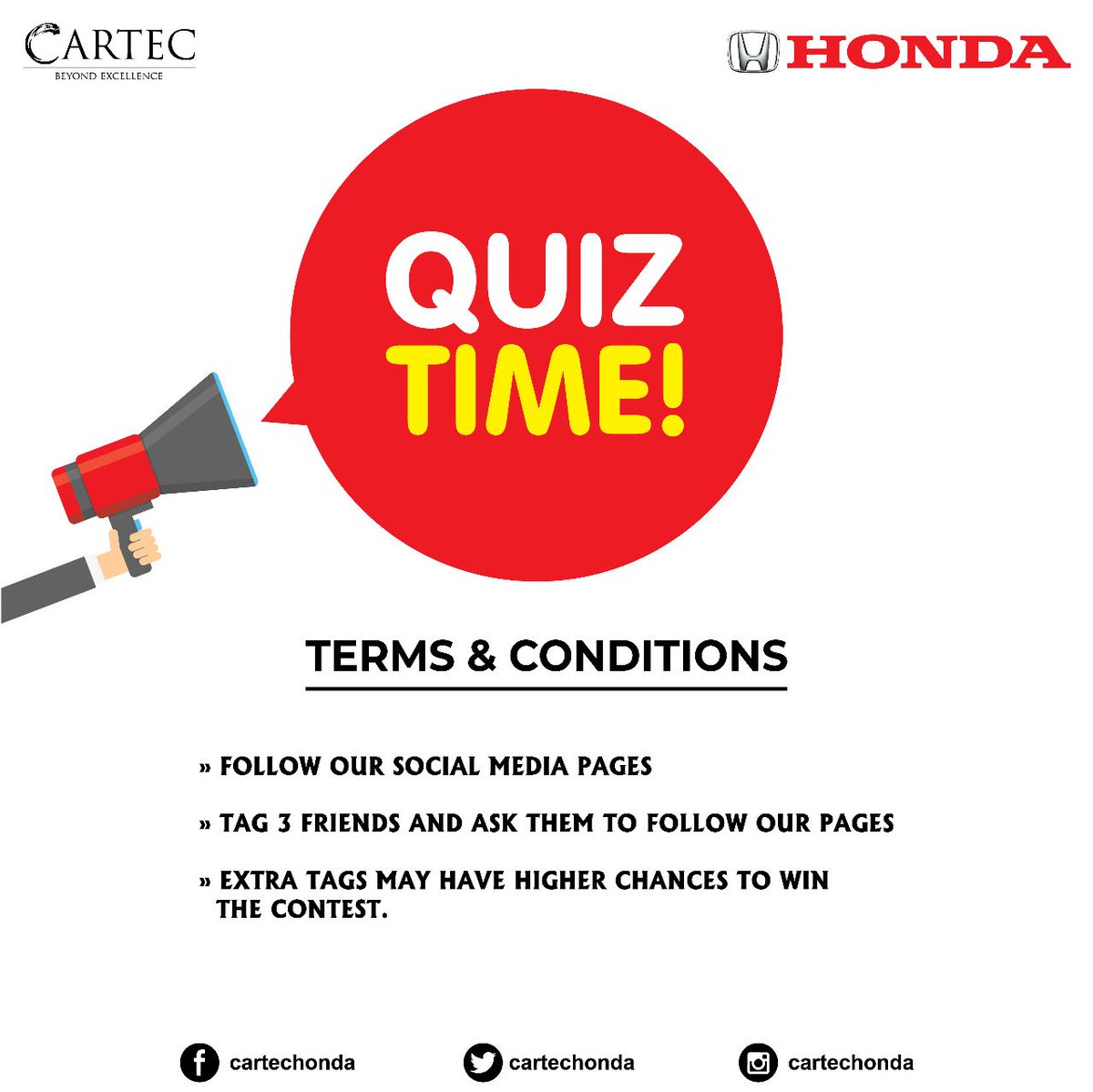 CartecHonda's tweet photo. Participate and prove to us that you are a true Honda fan! Stand a chance to win exciting prizes. Please read the rules of the Quiz contest. Good luck!
#ConceptGroup #BeyondExellence #QuizAlert #Contest #ContestAlert #Giveaway #quiztime #rules #termsandcondition https://t.co/Mr9TRbgpmZ