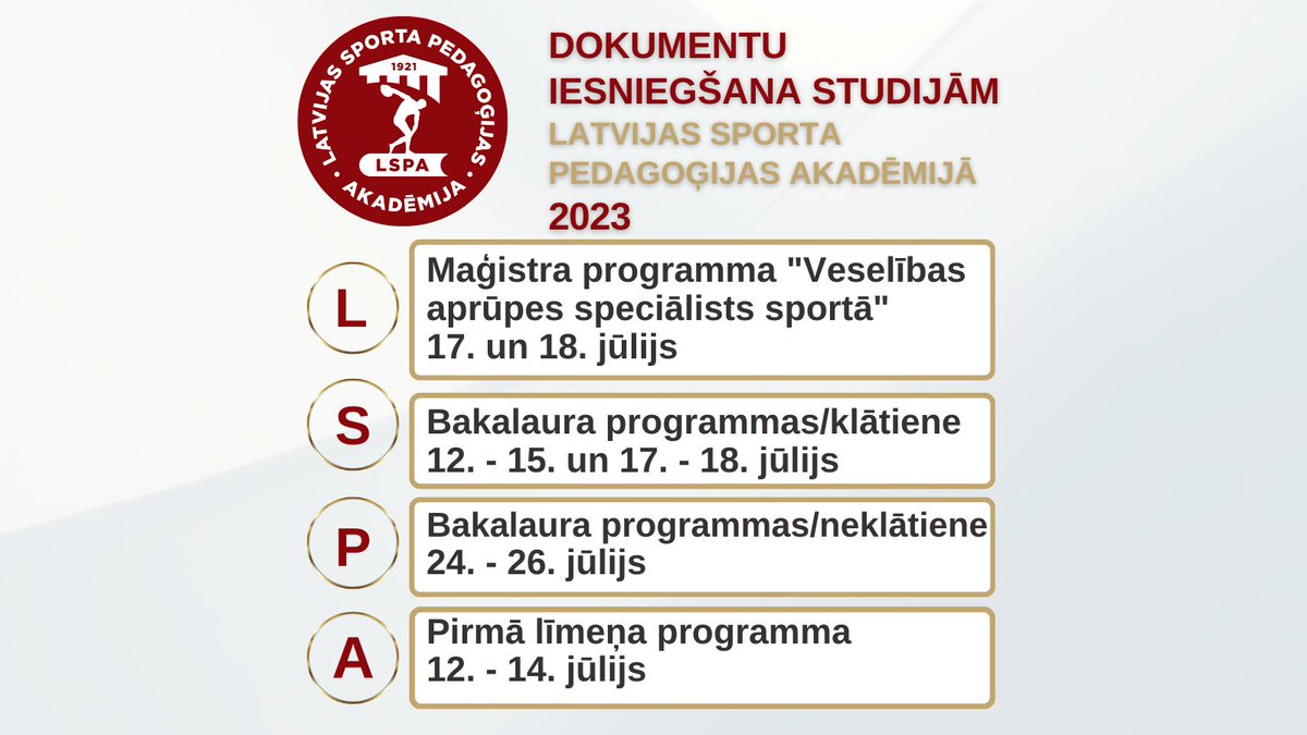LSPA_lv's tweet photo. UZŅEMŠANA STUDIJĀM
Jauno studentu uzņemšana LSPA sāksies trešdien- 12.jūlijā.
Vairāk par iestāšanos Akadēmijā lasi: https://t.co/Zd9QvT1e0U
Aktuālākā informācija": https://t.co/ZBLukAZhAc
❗️Programmās ir vairāk nekā 150 budžeta vietas
#lspa #sportatreneris #VAM #augstākāizglītība https://t.co/WUjUX8nobf