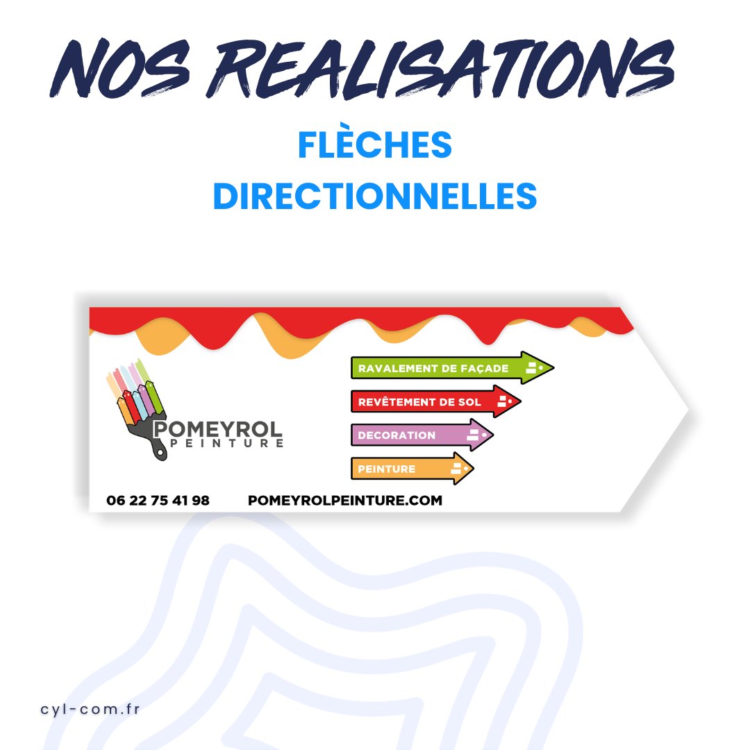 CYL_COM's tweet photo. Nous avons accompagné Pomeyrol Peinture dans la #réalisation de flèches directionnelles !

▶️ Réalisation du #design 
▶️ Mise en place de la charte graphique 
▶️ Création d'un design simple pour assurer la clarté 
▶️ Mise en place du #support d'#impression et impression https://t.co/5QbTTFTAie