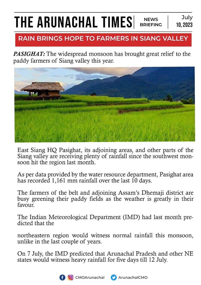 ArunachalCMO's tweet photo. Good news for paddy farmers in Siang Valley!

The monsoon showers have brought much-needed relief to the region. Water resource department reports 1,161 mm of rainfall in the past 10 days. Here's to a bountiful harvest season! 🌾

#ArunachalPradesh

Read: https://t.co/iHGSCP37dJ https://t.co/9ypmZWzetO