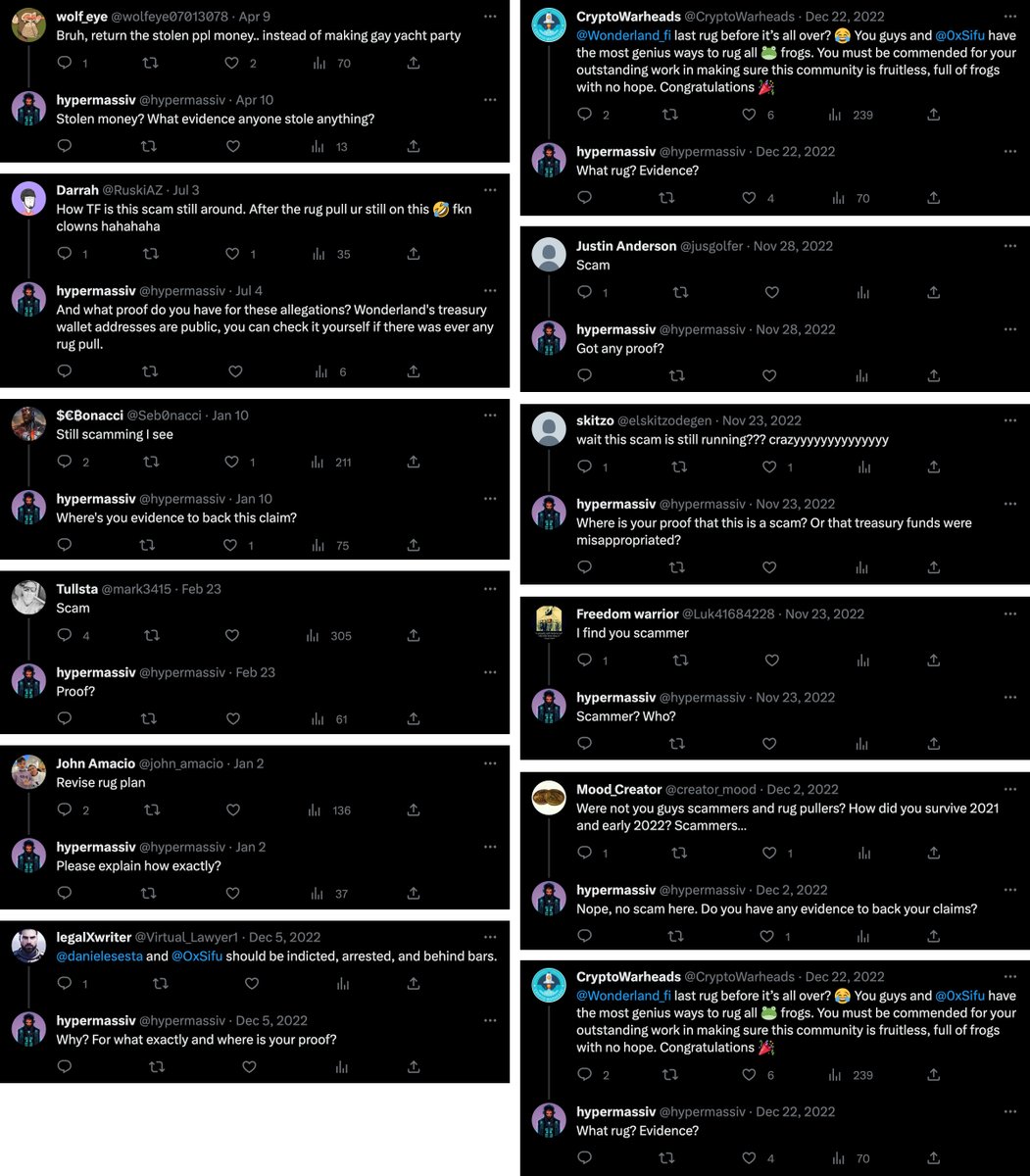 hypermassiv's tweet image. Almost 9 months of incessantly asking people to show any proof/evidence to back their claims that @Wonderland_fi is a scam or rugpull and so far, NO ONE has been able to show anything at all.

Here&apos;s calling out some of these people.