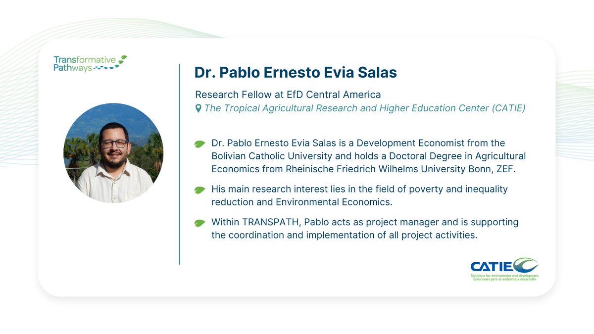 TRANSPATH_EU's tweet image. 🍃 This week on #TRANSPATHfaces we present our project manager Dr. Pablo Ernesto Evia Salas from @CATIEOficial

🙌 @pabloevia is an economist and has extensive experience working as a public servant in Bolivia, providing advice to the authorities in the executive branch.

More 👇