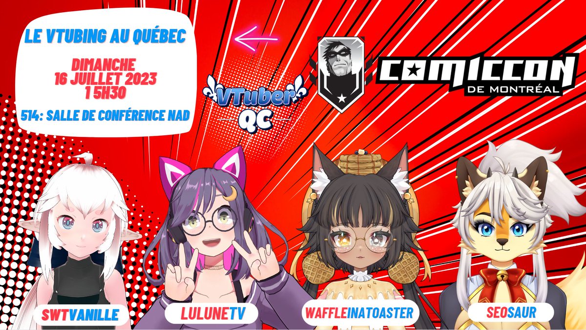 VTuberQC's tweet photo. Curieux d'en apprendre plus sur le vtubing et sa version québécoise du phénomène planétaire??

Ce dimanche, venez assister à la conférence de la Team VTuberQC avec @SwtVanille @SoggysWaffles @seosaur et @LuluneTV au Comiccon de Montréal!!

#Vtubers #vtuberqc #comicconmtl https://t.co/Edl59CsmYj