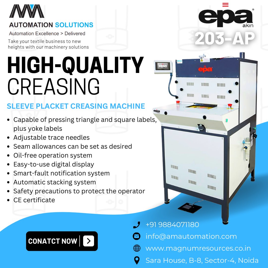 amautomation's tweet image. Introducing the EPA 203AP Sleeve Placket Creasing Machine! This automated machine can crease sleeve plackets, bindings, and shirt side seams, and it can also press triangle and square labels, plus yoke labels. #shirtproduction #automation #creasingmachine #sleeveplacket
