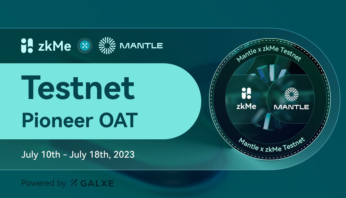 zkme_'s tweet photo. We're thrilled to announce that @zkme_ has officially launched on Ethereum L2 zk rollup @0xMantle! 

🚀🎉 Follow our Galxe campaign to obtain your Identity Soulbound Token, minted on the Mantle Testnet. 👉https://t.co/dKTGWIhuXM 

Get early access now and earn special OATs! 💪💰 https://t.co/DlIQ4g8peQ