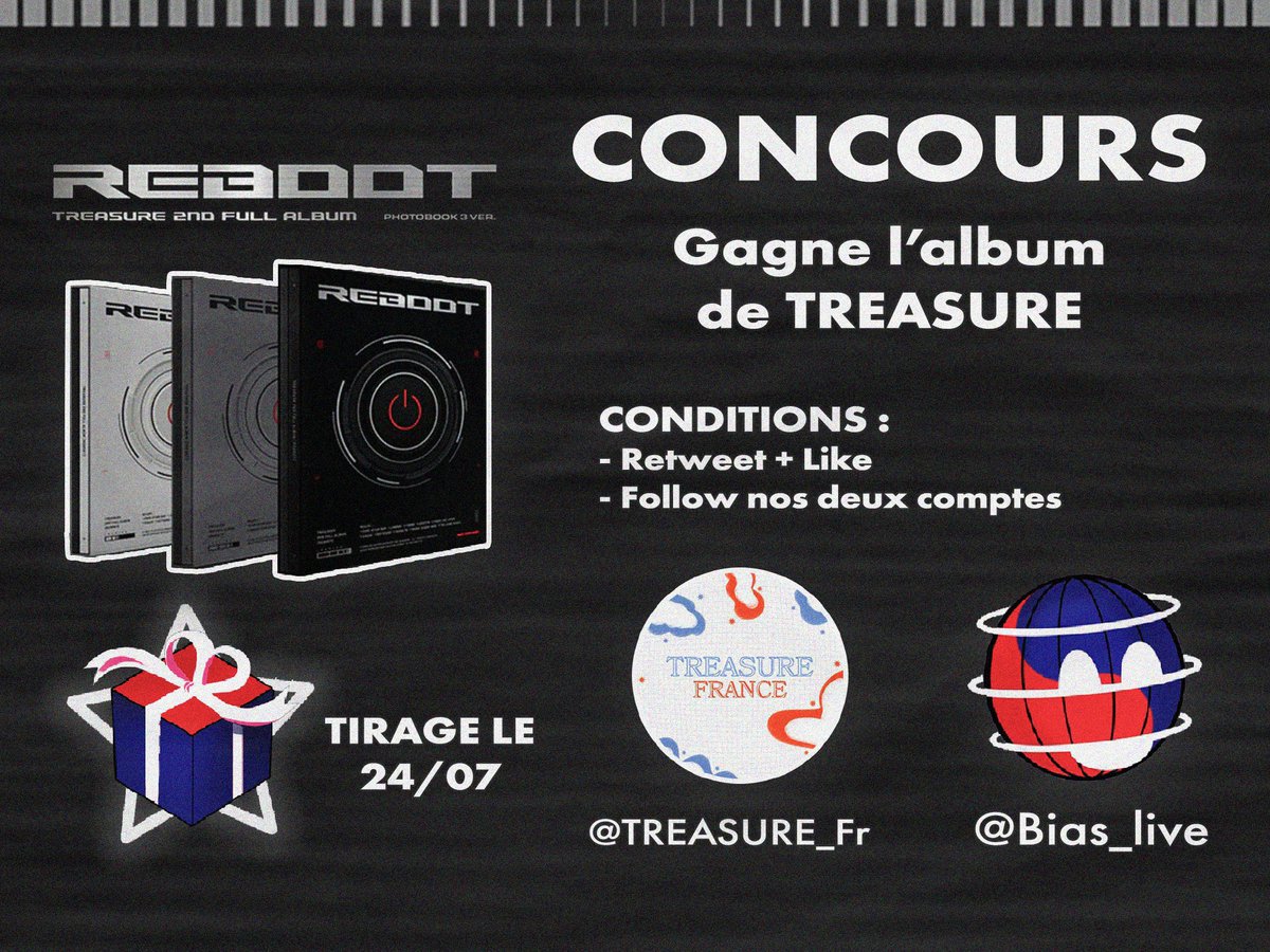 -💎- ↳11.07.23↲∥CONCOURS @bias_live et votre fanbase française de TREASURE vous offre la possibilité de gagner le prochaine album de TREASURE ! (merci de nous montrer les preuves pour que ce soit plus simple) #TREASURE #TREASURE_2nd_FULL_ALBUM #TREASURE_REBOOT ____ Ikayme 🐿️