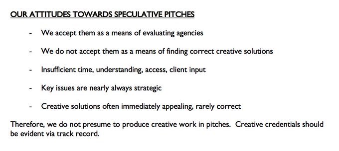 Slide 1 of BBH's 1982 pitch for Levi's explaining with seductive confidence why they didn't pitch with creative:
- Key issues nearly always strategic
- Creative ideas rarely correct
- Creds evident from track record
All still true 40yrs on.