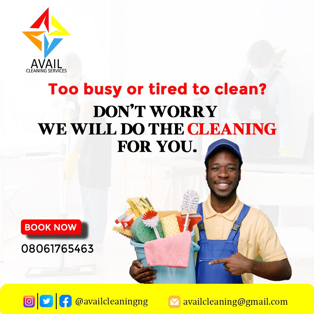 availcleaningng's tweet photo. We are Avail Cleaning Agency, located in Lagos Nigeria. We carry out every cleaning service you desire: in-house cleaning, post construction cleaning, fumigations…etc
For more enquiries you can contact us via
✉️: availcleaning@gmail.com
📞: 08061765463 https://t.co/iZqdniOBbM