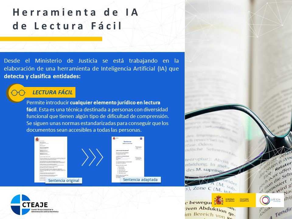 ¡Buenos días! Desde <a href="/justiciagob/">Ministerio de la Presidencia, Justicia y R. Cortes</a> se está trabajando en una herramienta de #IA que convierte los documentos jurídicos a un lenguaje de #LecturaFácil redundando en la accesibilidad del servicio público de #Justicia.