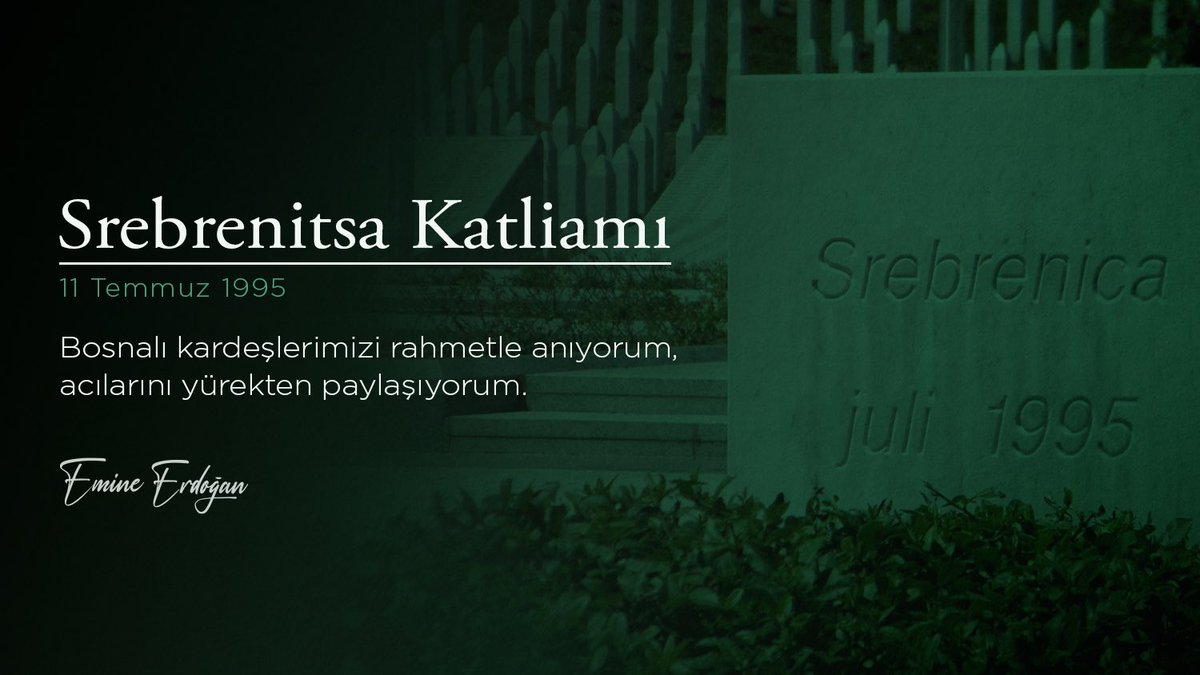 EmineErdogan's tweet photo. 28 yıl önce #Srebrenitsa’dan yükselen feryatlar, kulaklarımızda çınlamaya devam ediyor. 

Yüreklere acı, tarihe kara bir leke olarak kazınan soykırımda hayatını kaybeden Boşnak kardeşlerimizi rahmetle yâd ediyor, ailelerine ve sevdiklerine sabır diliyorum. 

Dilerim ki, dünya bir daha asla böyle bir insanlık ayıbına sahne olmasın!
