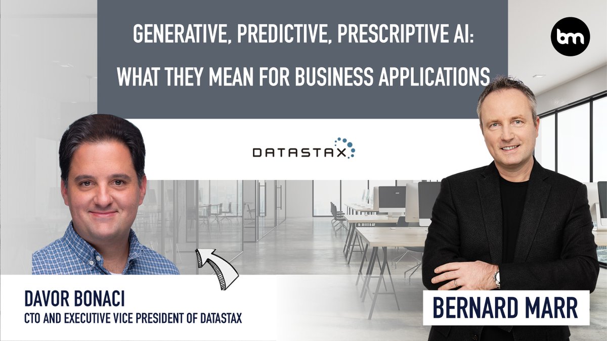 BernardMarr's tweet image. 📣 Join me TODAY for a livestream on &quot;Generative, Predictive, Prescriptive AI: What They Mean For Business Applications&quot; 🤖💡

12 Noon UK | ET 7AM | PT 4AM | CET 1PM | SGT 7PM

Twitter &amp;gt; lnkd.in/ehrXiUW

My guest is Davor Bonaci, CTO &amp;amp; Executive Vice President, #DataStax.