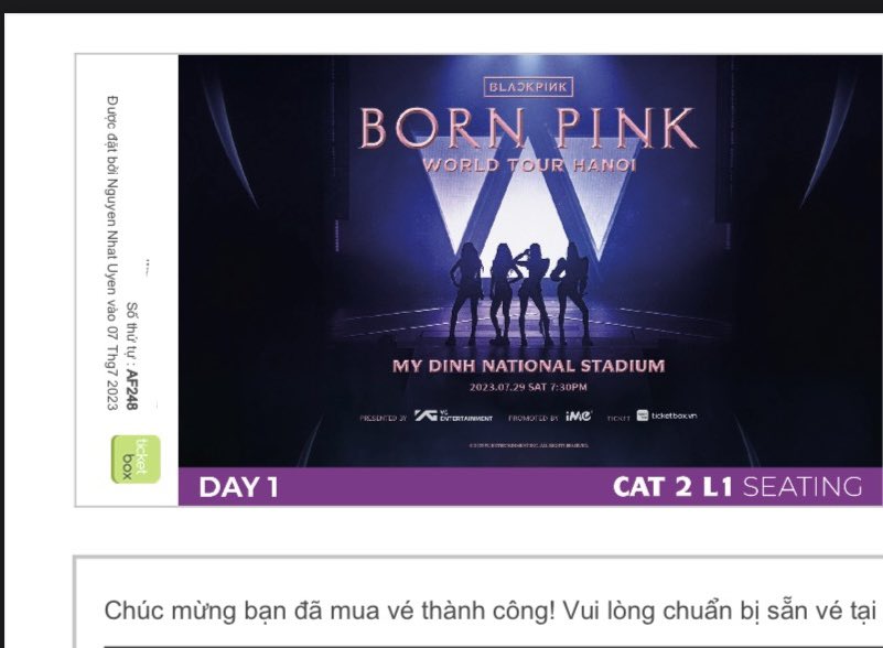 Hi international fans of BlackPink,
I have 1 ticket of Born Pink in Hanoi, Vietnam

Day 1 (29 Jul) CAT 2 L1
Queue: AF248
Price: 5,800,000 VND = 245$

Dm me for more detail, or via my Facebook: https://t.co/mEfcxO9U96

#BORNPINK_WORLDTOUR #BORNPINKinHanoi #BORNPINKINVIETNAM https://t.co/1EDulNm2mk