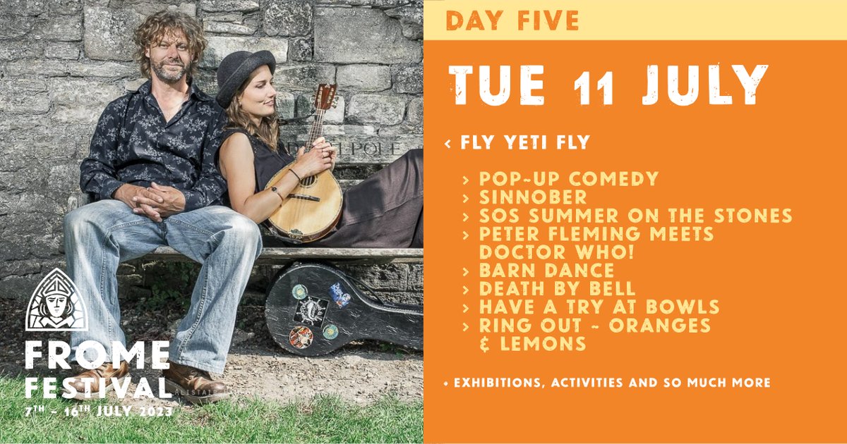 *DAY 5 highlights* *TRUMPET & MARIMA WITH THE TALMANS -Christ Church: 13:00 LANGUAGE THROUGH FOOD – Lo Repitenc: 19:00 FELTING WORKSHOP – Cheese & Grain: 19:00 SOS SUMMER ON THE STONES – Merlin: 19:00 PETER FLEMING MEETS DR WHO – Three Swans: 20:30 fromefestival.co.uk #frome