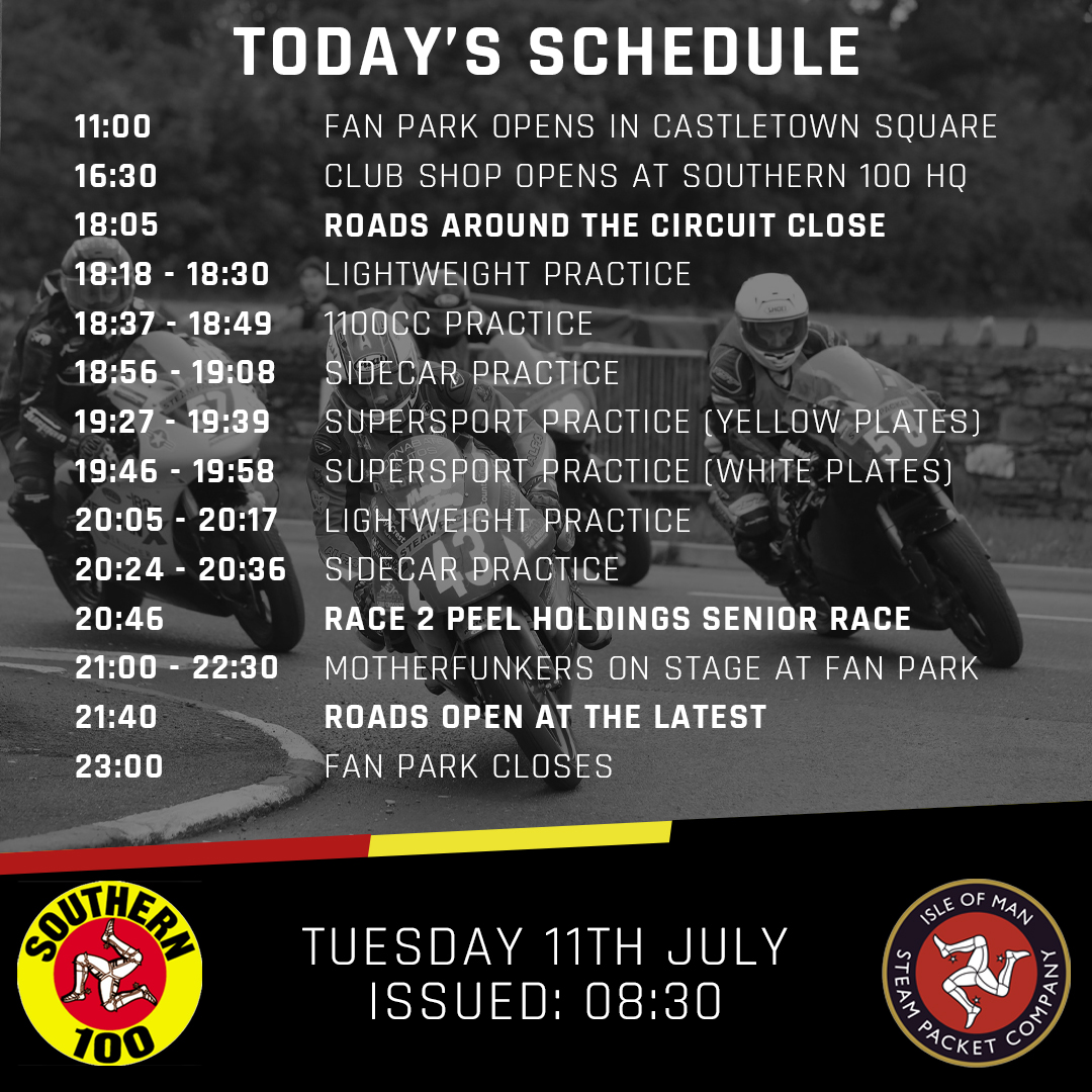 Southern 100 (@s100isleofman) on Twitter photo An updated schedule for our second day of qualifying and first day of racing at the <a href="/iomsteampacket/">Steam Packet Company</a> Southern 100 Road Races 2023.ย
A further schedule for Wednesday's racing will be provided tomorrow morning. An updated schedule for our second day of qualifying and first day of racing at the <a href="/iomsteampacket/">Steam Packet Company</a> Southern 100 Road Races 2023.ย
A further schedule for Wednesday's racing will be provided tomorrow morning.