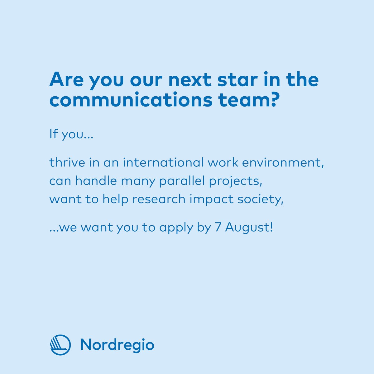 Sökes: Communications Advisor till Nordregio!
Läs mer och ansök här nordregio.org/about/career/c…