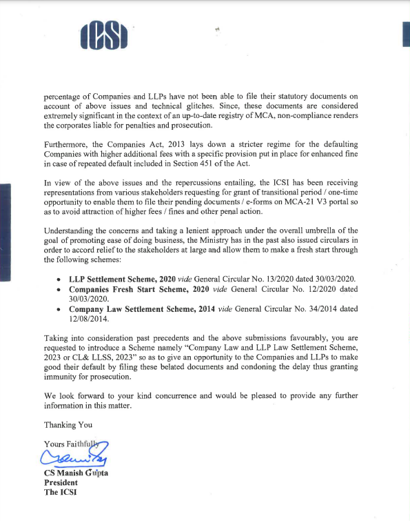 Got this via #Whatsapp though could not find it on #ICSI website yet.

#ICSI requested #MCA to introduce #CLSS and LLP Scheme 2023.

#CSTwitter