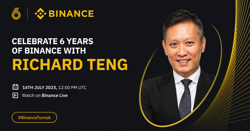 binance's tweet photo. We're hosting a virtual super meet-up to celebrate #BinanceTurns6!

#Binance's Head of Regional Markets, @_RichardTeng, will join us in welcoming all of our community.

🗓️ Friday, July 14
⏰ 12PM UTC
📍 Binance Live

Set a reminder here ⤵️