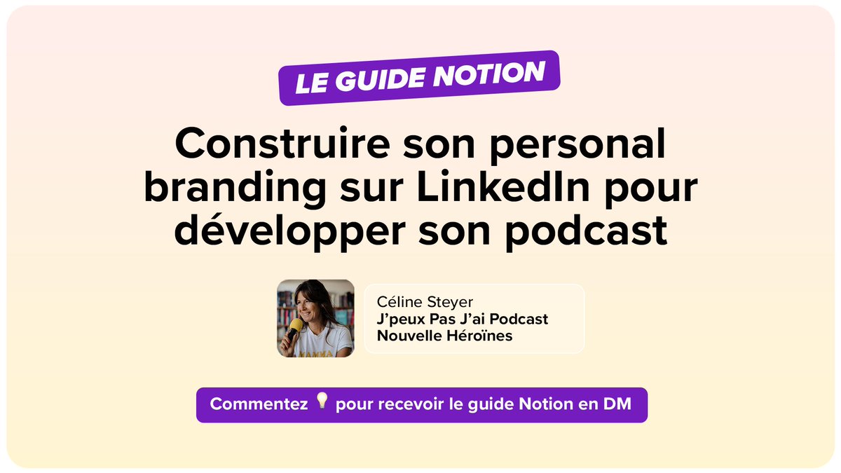 Céline Steyer (<a href="/MagicLittleHand/">Céline Steyer | Podcast</a>), créatrice de J’peux Pas J’ai Podcast et Nouvelles Héroïnes a concocté ce guide Notion pour vous aider à travailler votre marque personnelle sur LinkedIn : l'une des clés pour développer votre podcast ! 🔑

Commentez 💡et recevez le guide en DM !