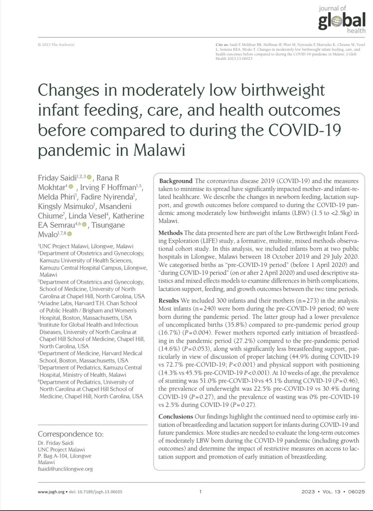 In this recent publication we describe the impact of COVID-19 on low birthweight infant feeding, care and health outcomes in Malawi . 

Full article here: lnkd.in/dMSr3i6q 

<a href="/UNCMalawi/">UNC Project Malawi</a> <a href="/TisuMvalo/">Tisungane Mvalo</a> <a href="/gatesfoundation/">Gates Foundation</a> <a href="/AriadneLabs/">Ariadne Labs</a> <a href="/HoffmanIrving/">Irving Hoffman</a>