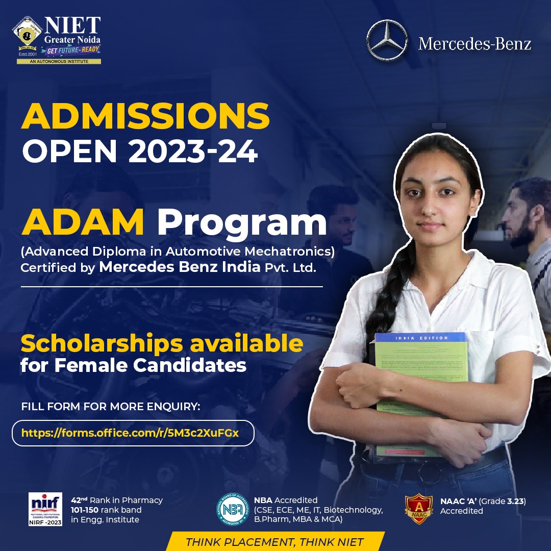 Calling all aspiring automotive enthusiasts!
Admissions are now OPEN for the highly sought-after ADAM Program certified by Mercedes-Benz India Pvt. Ltd.
Scholarships available for female candidates!
.
.
#NIET #AdmissionsOpen2023 #ADAMProgram #CertifiedByMercedesBenz #Scholarship