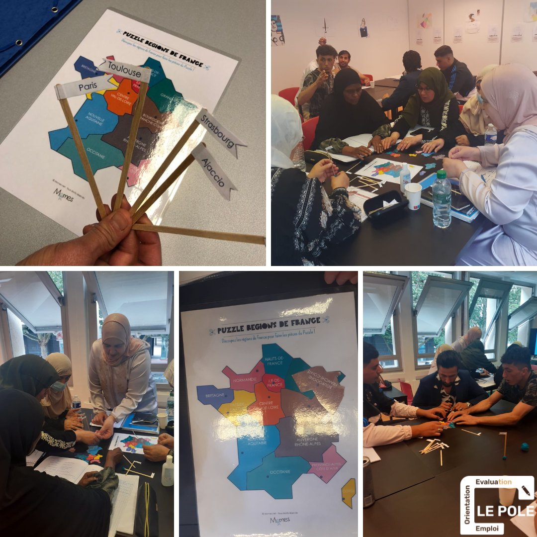 _LePole's tweet photo. Nos stagiaires de la formation linguistique #OFII à #Lille ont réalisé un atelier pédagogique sous forme de puzzle pour découvrir les différentes régions françaises. 
Un concept pour mieux approfondir leurs connaissances et intégrer des notions sur la langue française. #CIR https://t.co/HRUJui4Gjk
