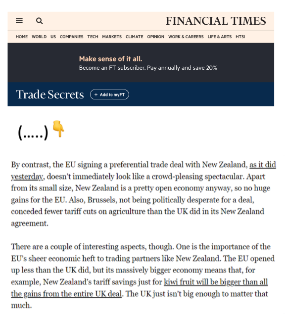 From @FT Trade Secrets 👇 'The EU opened up less than the UK did, but its massively bigger economy means that New Zealand's tariff savings just for kiwi fruit will be bigger than all the gains from the entire UK deal'