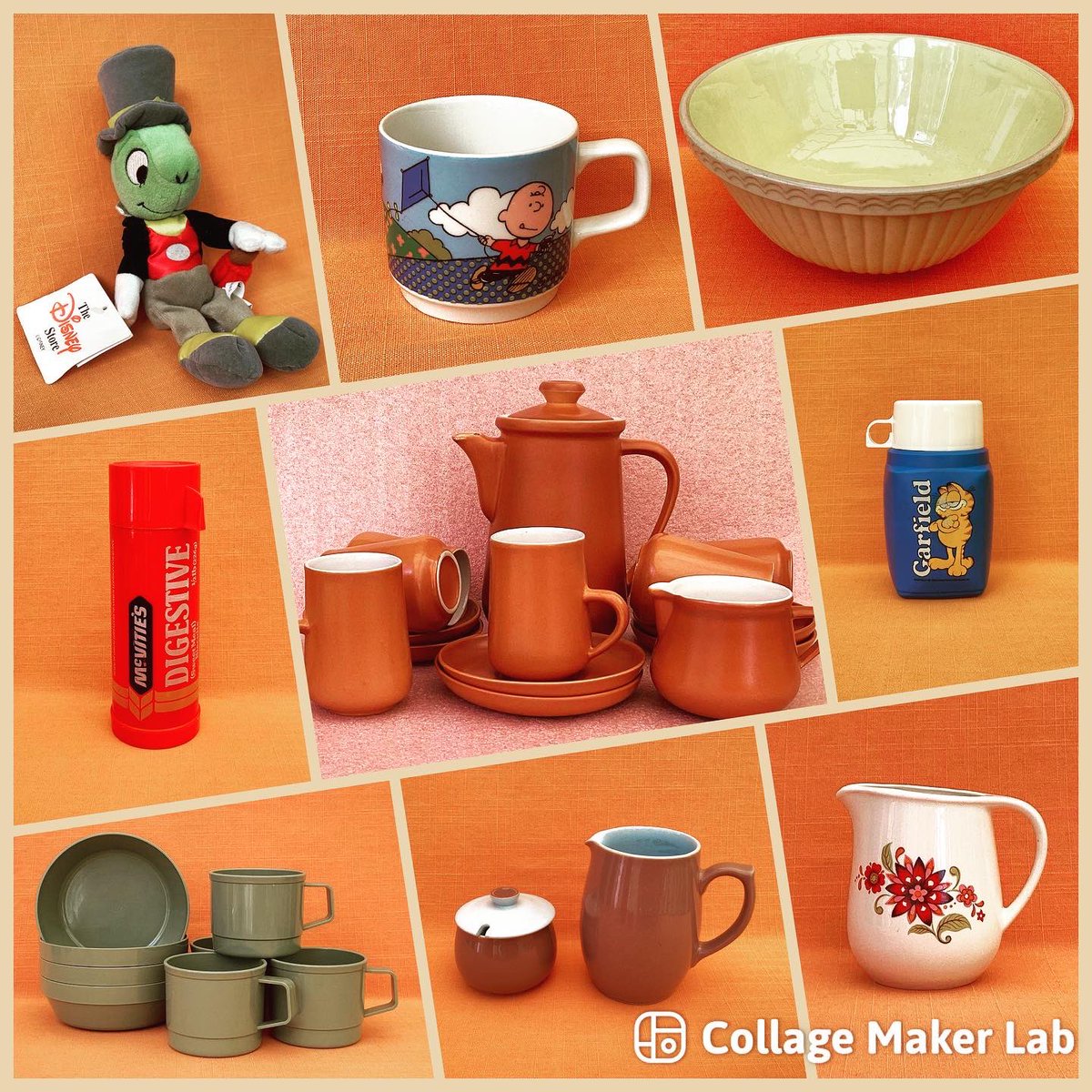 Morning all, Just sharing my latest #retro listings, an eclectic mix 😄 #jiminycricket #charliebrown #peanuts #tggreen #vintagemixingbowl #mcvitiesdigestives #aladdinflask #honitonpottery #garfield #retrothermos #avocadogreen #retropicnic #langleymill #romanianpottery #etsy