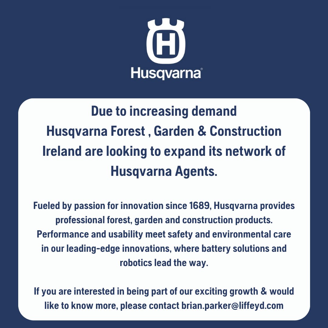 We are looking to appoint agents.   

Email brian.parker@liffeyd.com for more details   

#Husqvarna #HusqvarnaIreland #hiring #wearehiring #job #recruiting #serviceagents #recruitment #vacancy