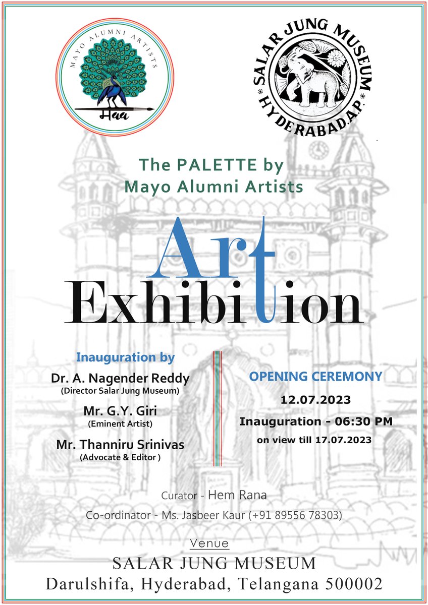 #NEWEXHIBITION at the Museum!
A group show of contemporary paintings will be inaugurated at the II Floor, Western Block of the
museum on 12 July 2023 at 6:30 p.m. You are cordially invited!
#SalarJungMuseum #AmritMahotsav #NewExhibition #PaintingExhibition