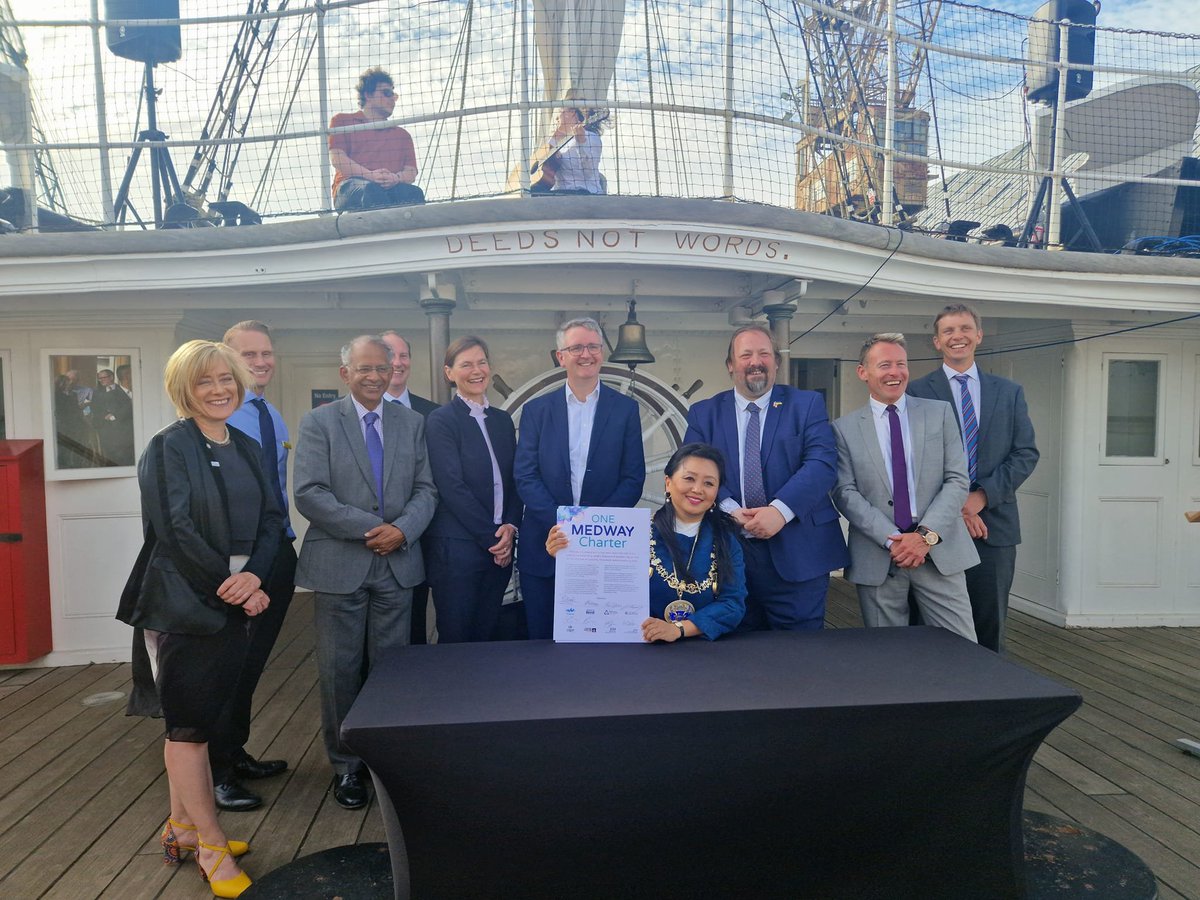 Vince Maple #ProudToBeMedway (@vincemaple) on Twitter photo A great day on HMS Gannet as eight anchor organisations <a href="/medway_council/">Medway Council</a> <a href="/MidKentCollege/">MidKent College</a> <a href="/DockyardChatham/">Dockyard Chatham</a> <a href="/UniKent/">University of Kent</a> <a href="/CanterburyCCUni/">Canterbury Christ Church University</a> <a href="/UniofGreenwich/">Uni of Greenwich</a> <a href="/Medway_NHS_FT/">Medway NHS Foundation Trust</a> <a href="/NHSKentMedway/">NHS Kent and Medway</a> come together to sign the One Medway Charter.
#ProudToBeMedway #OneMedway A great day on HMS Gannet as eight anchor organisations <a href="/medway_council/">Medway Council</a> <a href="/MidKentCollege/">MidKent College</a> <a href="/DockyardChatham/">Dockyard Chatham</a> <a href="/UniKent/">University of Kent</a> <a href="/CanterburyCCUni/">Canterbury Christ Church University</a> <a href="/UniofGreenwich/">Uni of Greenwich</a> <a href="/Medway_NHS_FT/">Medway NHS Foundation Trust</a> <a href="/NHSKentMedway/">NHS Kent and Medway</a> come together to sign the One Medway Charter.
#ProudToBeMedway #OneMedway