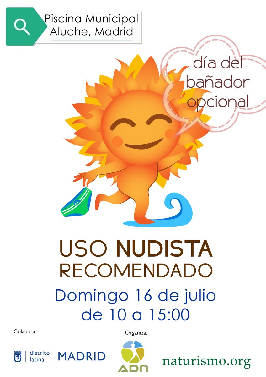 JMDLatina's tweet photo. 😎El próximo domingo 16 de julio de 10 a 15 h. en la piscina de #verano del CDM Aluche
"Día del bañador opcional"
Organizado por @ADN_Madrid 
➕ℹ️https://t.co/PiXGAIYebi https://t.co/TV4EEF3tyu