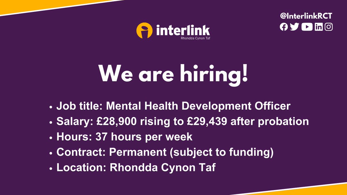 WE ARE HIRING! - Job title: Mental Health Development Officer - Salary: £28,900 rising to £29,439 - Hours: 37 hours per week - Contract: Permanent (subject to funding - Location: Rhondda Cynon Taf Find out more: interlinkrct.org.uk/blog/2023/07/0… Application deadline: 28 July at 12pm
