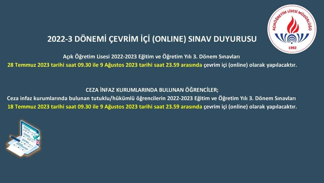 📢Açık Öğretim Lisesi 2022-2023 Eğitim ve Öğretim Yılı 3. Dönem Sınavları 28 Temmuz 2023 tarihi saat 09.30 ile 9 Ağustos 2023 tarihi saat 23.59 arasında çevrim içi (online) olarak yapılacak.
🔗aol.meb.gov.tr/www/onemli-duy…
<a href="/tcmeb/">Millî Eğitim Bakanlığı</a> <a href="/Yusuf__Tekin/">Yusuf Tekin</a>
<a href="/memleventyazici/">Levent Yazıcı</a> <a href="/istanbulilmem/">İstanbul İl Millî Eğitim Müdürlüğü</a> 
<a href="/mnaras/">M.Nurettin ARAS🇹🇷</a>