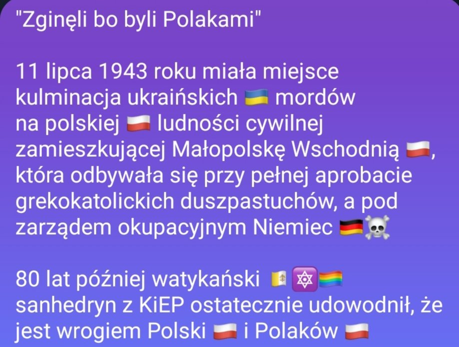 k8dplus's tweet photo. 11 lipca 1943
Kulminacja ukraińskich mordów na polskiej ludności, dokonana przy aprobacie grekokatolickich duszpastuchów, pod zarządem okupacyjnym Niemiec.

80 lat później watykański sanhedryn z KiEP ostatecznie udowodnił, że jest wrogiem Polski i Polaków.
https://t.co/a6Gzt6SmrO https://t.co/5bX8b0ob62