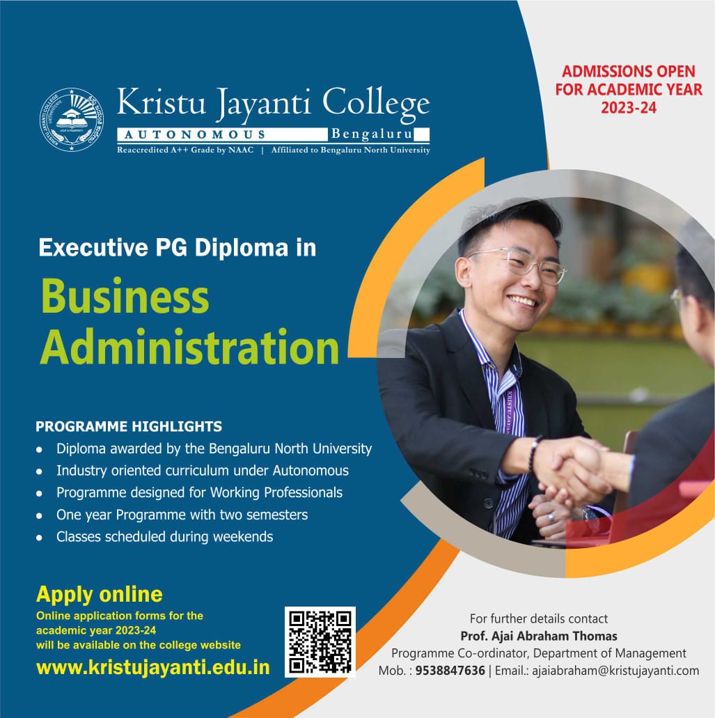 KristuJayantiU's tweet image. Admissions Open for Academic Year 2023-2024
PGDBA for Working Executives (Classes on weekends at the campus)
Candidates can apply online.
kristujayanti.edu.in
Kristu Jayanti College, Autonomous
(Reaccredited A++ Grade by NAAC with CGPA 3.78/4)
#MCom #Admission #PGDBA
