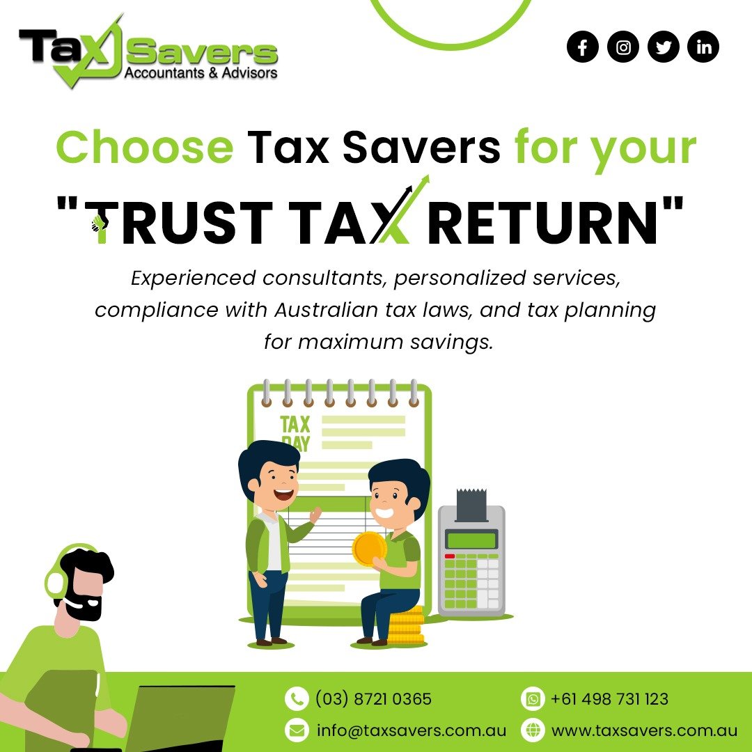 Save Big on Your Trust Tax Return with Tax Savers! 💼📊💰 

#TaxSavers #MaximizeRefunds #TaxStress #TaxHassleFree #TaxBurden #TaxAdvice #TaxServices #FinancialWellBeing #TaxSavingsTips #StressFreeTaxSeason #TaxSeason2023 #BookNow