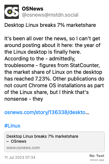 brlinuxblog's tweet photo. E o ano do desktop Linux ocupando 7% do mercado finalmente chegou.
Isso se aceitarmos a contagem do StatCounter, claro.
E se contarmos o Chrome OS como desktops Linux.
Mas… chegou. Parabéns, Linux no desktop!
Quoting @osnews@mstdn.social: https://t.co/svksy5F7cX #retoot https://t.co/QJZZ1D9Y8U