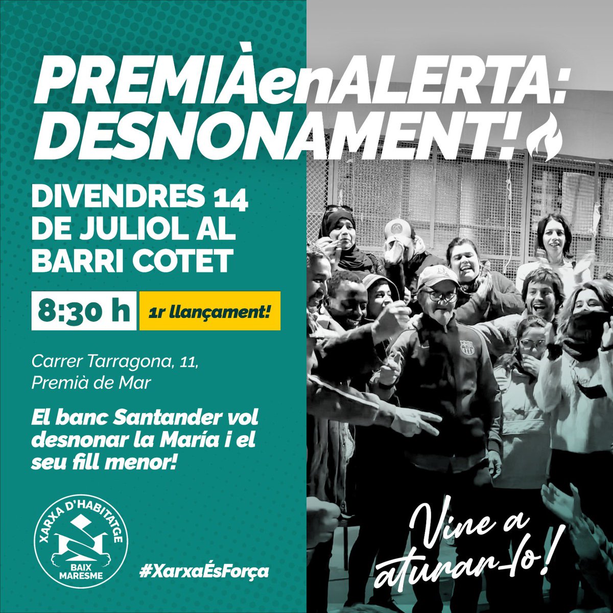 🚨ALERTA DESNONAMENT🚨

Aquest divendres estarem al Barri Cotet de Premià defensant la casa de la nostra companya María i el seu fill menor d’edat. El banc Santander no té la voluntat de negociar amb la família un lloguer social i vol desnonar-los❌